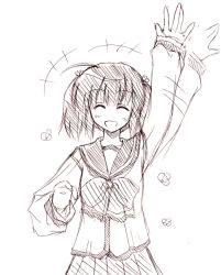 Rule 34 | 00s, 1girl, arm up, bow, clenched hand, closed eyes, greyscale, hair tie, momiji mao, monochrome, simple background, sketch, skirt, smile, solo, to heart (series), to heart 2, uniform, waving, white background, yuzuhara konomi