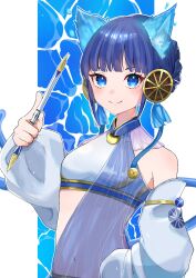 1girl animal_ears blue_eyes blue_hair blush braid breasts cane cat_ears cat_girl cat_tail closed_mouth cow detached_sleeves duel_monster food-themed_hair_ornament hair_ornament highres holding holding_cane long_sleeves midriff navel ni-ni_the_mirror_mikanko shiroue_tomari short_hair small_breasts smile solo tail water yu-gi-oh!