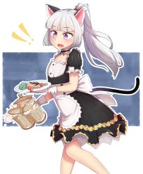 Rule 34 | !, !!, 1girl, absurdres, alcohol, animal ears, apron, bad id, bad pixiv id, beer, beer mug, black dress, blue eyes, cat ears, cat tail, choker, cup, dress, elin, food, gloves, highres, long hair, maid, mug, ocs3533, open mouth, ponytail, salmon, silver hair, solo, tail, tera online, tray, waist apron, white apron, white gloves