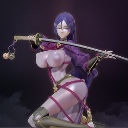 Rule 34 | 1girl, 3d, bodysuit, bracer, breasts, covered erect nipples, fate/grand order, fate (series), highres, holding, holding sword, holding weapon, katana, large breasts, leg up, leslyzerosix, long hair, minamoto no raikou (fate), purple eyes, purple hair, sandals, solo, sword, weapon
