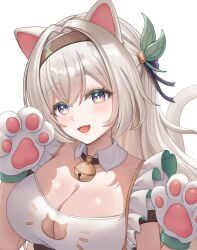 Rule 34 | 1girl, :d, animal hands, bell, black hairband, breasts, cleavage, commentary, fang, firefly (honkai: star rail), gloves, grey hair, hairband, head tilt, highres, honkai: star rail, honkai (series), jingle bell, large breasts, long hair, looking at viewer, neck bell, open mouth, paw gloves, purple eyes, rang g c, skin fang, smile, solo, upper body, white background
