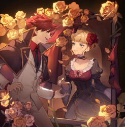 Rule 34 | 1boy, 1girl, beatrice (umineko), black dress, black necktie, blonde hair, blue eyes, blunt bangs, breasts, closed mouth, collared shirt, commentary request, dress, flower, formal, hair flower, hair ornament, hand on own hip, highres, juliet sleeves, lilith-lily, long sleeves, looking at another, medium breasts, necktie, open mouth, petals, profile, puffy sleeves, red flower, red hair, red rose, red shirt, rose, shirt, short hair, sidelocks, smile, suit, teeth, umineko no naku koro ni, upper teeth only, ushiromiya battler, white suit, yellow flower, yellow rose