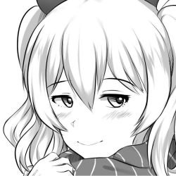 Rule 34 | 10s, 1girl, beret, close-up, closed mouth, gloves, greyscale, hair between eyes, hat, kantai collection, kashima (kancolle), looking at viewer, monochrome, scarf, solo, twintails, wangphing, wavy hair