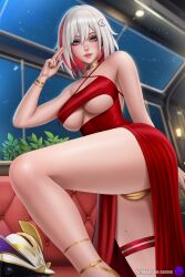 Rule 34 | 1girl, absurdres, arduina (arduin art), bare arms, bare legs, breasts, clothing cutout, couch, criss-cross halter, dress, gold panties, hair between eyes, halterneck, highres, honkai: star rail, honkai (series), indoors, large breasts, lips, looking at viewer, multicolored hair, night, nose, parted lips, red dress, red hair, short hair, side slit, streaked hair, thigh strap, topaz (honkai: star rail), underboob, underboob cutout, white hair