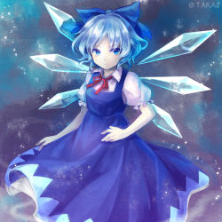 Rule 34 | &gt;:(, 1girl, bad id, bad pixiv id, blue bow, blue dress, blue eyes, blue hair, bow, cirno, closed mouth, dress, frown, hair bow, ice, ice wings, looking at viewer, neck ribbon, parted bangs, puffy short sleeves, puffy sleeves, red ribbon, ribbon, serious, short hair, short sleeves, solo, taka8, touhou, twitter username, v-shaped eyebrows, wings