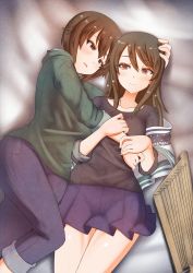 Rule 34 | 2girls, blue skirt, blush, brown eyes, brown hair, closed mouth, collarbone, covered navel, denim, girls und panzer, green sweater, highres, holding another&#039;s wrist, holding hands, hug, instrument, jeans, kantele, long hair, looking at another, lying, megadeko, mika (girls und panzer), miniskirt, multiple girls, nishizumi maho, on back, on side, open mouth, pants, pleated skirt, short hair, skirt, smile, sweater, yuri