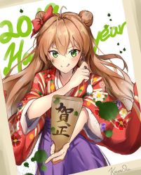 Rule 34 | 1girl, :q, antenna hair, blush, bow, calligraphy brush, closed mouth, commentary request, double bun, girls&#039; frontline, green eyes, hagoita, hair between eyes, hair bow, hair bun, hakama, hakama skirt, happy new year, highres, holding, holding paintbrush, japanese clothes, kimono, ky (ky990533), light brown hair, long hair, long sleeves, looking at viewer, new year, official alternate costume, paddle, paint splatter, paint splatter on face, paintbrush, purple hakama, red bow, red kimono, rfb (girls&#039; frontline), rfb (new year&#039;s mvp) (girls&#039; frontline), short kimono, side bun, signature, skirt, solo, tongue, tongue out, very long hair, wide sleeves