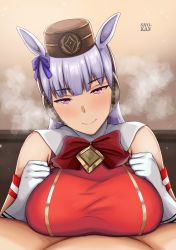 Rule 34 | 1boy, 1girl, animal ears, bad id, bad pixiv id, blue ribbon, blunt bangs, blush, bow, breasts, breasts squeezed together, clenched hands, commentary request, ear bow, gloves, gold ship (umamusume), grey hair, hands on own breasts, hetero, highres, horse ears, horse girl, large breasts, leotard, long hair, looking at viewer, paizuri, paizuri under clothes, peanut (shokan), pillbox hat, playboy bunny, purple eyes, red ribbon, ribbon, smile, solo focus, steam, sweat, umamusume, white gloves