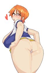 Rule 34 | 1girl, aliasing, alternate breast size, ass, bare arms, breasts, cowboy shot, from behind, half-closed eyes, highres, huge breasts, legs together, lips, looking at viewer, miniskirt, nami (one piece), no nose, official alternate costume, one piece, panties, short hair, simple background, skirt, solo, standing, underwear, white background, white panties