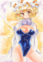 Rule 34 | 1girl, alternate costume, animal hat, blonde hair, blue one-piece swimsuit, breasts, detached sleeves, hands on own chest, hat, large breasts, looking at viewer, mob cap, multiple tails, off shoulder, one-piece swimsuit, mob cap, short hair, sleeves past wrists, smile, solo, swimsuit, tail, touhou, wide sleeves, wminiminiw, yakumo ran, yellow eyes