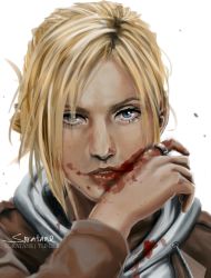 Rule 34 | 1girl, annie leonhart, blonde hair, blood, blood on face, blue eyes, jitome, looking at viewer, portrait, realistic, shingeki no kyojin, signature, simple background, solo, soratane, white background, wiping face, wiping mouth