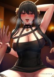 Rule 34 | 1boy, 1girl, arm up, armpits, black dress, black footwear, black hair, blurry, blurry background, boots, breasts, cleavage, dagger, dress, earrings, fino ko, girl on top, gold hairband, hair ornament, hairband, highres, holding another&#039;s wrist, implied sex, jewelry, knife, large breasts, long hair, looking at viewer, no panties, open mouth, patreon username, pov, red eyes, solo focus, spy x family, stiletto (weapon), thigh boots, thighhighs, weapon, yor briar