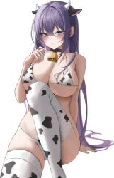 Rule 34 | 1girl, animal ears, animal print, bad id, bad twitter id, bell, biya (1024), black choker, blush, breasts, choker, closed mouth, commentary, cow ears, cow horns, cow print, hand up, highres, horns, large breasts, long hair, looking at viewer, neck bell, original, purple hair, sideboob, simple background, solo, symbol-only commentary, thighhighs, thighs, underboob, white background, yuna (biya (1024))