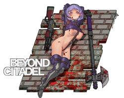 1girl arms_up axe beyond_citadel blood breasts cross_swimsuit crotch_strap gloves gun highres holster long_sleeves looking_at_viewer lying martyr_(the_citadel) medium_breasts nipple_slip nipples on_side purple_eyes purple_gloves purple_hair purple_thighhighs revealing_clothes rifle rosetta(obsidian117) short_hair shoulder_holster solo swimsuit the_citadel thighhighs underboob weapon