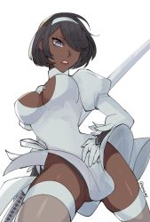 Rule 34 | 1girl, alternate color, artist name, black leotard, breasts, cleavage, closed mouth, dark-skinned female, dark skin, dress, grey eyes, hairband, highres, holding, holding weapon, kyou (ningiou), leotard, lips, medium breasts, mole, mole under mouth, nier (series), nier:automata, short hair, solo, soul calibur, sword, thighhighs, thighs, weapon, white background, white dress, white footwear, white thighhighs, 2p (nier:automata)