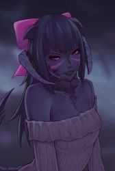 Rule 34 | 1girl, au ra, au ra xaela, warrior of light (ff14), bare shoulders, black hair, black lips, black skin, blurry, blurry background, bow, breasts, collarbone, colored skin, commentary, commission, dragon horns, dragon tail, english commentary, facial mark, fang, final fantasy, final fantasy xiv, hair bow, horns, long hair, looking at viewer, off-shoulder, off-shoulder sweater, off shoulder, parted lips, pink bow, purple eyes, scales, small breasts, smile, solo, soranamae, sweater, tail, upper body