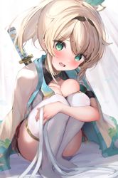 Rule 34 | 1girl, blonde hair, blush, breast press, breasts, covering privates, covering breasts, green eyes, haori, highres, hololive, japanese clothes, katana, kazama iroha, large breasts, looking at viewer, medium hair, open mouth, ponytail, shrug (clothing), solo, squatting, suzushi moruto, sword, sword behind back, thighhighs, virtual youtuber, weapon, white thighhighs, zettai ryouiki