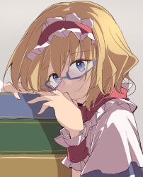 Rule 34 | 1girl, alice margatroid, blonde hair, blue dress, blue eyes, book, border, cape, closed mouth, dress, eyes visible through hair, glasses, grey background, hair between eyes, hairband, highres, ichimura kanata, looking at viewer, red hairband, red neckwear, shadow, short hair, short sleeves, simple background, solo, touhou, white border, white cape, wrist cuffs
