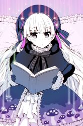 Rule 34 | 10s, 1girl, :o, bad id, bad twitter id, blush, book, capelet, commentary request, dress, fate/extra, fate (series), fur trim, gloves, hat, hat ribbon, highres, holding, long hair, long sleeves, looking at viewer, neck ribbon, nursery rhyme (fate), nyokichi (nyokitto!), open book, parted lips, purple dress, purple hat, ribbon, sitting, solo, very long hair