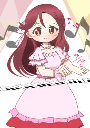 Rule 34 | 1girl, absurdres, artist name, artist request, blush, braid, breasts, brown eyes, collarbone, crown braid, dress, female focus, frilled sleeves, frills, hair between eyes, hair ribbon, half updo, highres, instrument, jewelry, long hair, looking at viewer, love live!, love live! school idol festival, love live! sunshine!!, miniskirt, musical note, necklace, parted lips, pearl necklace, piano, pianoforte monologue, pianoforte monologue (love live!), pink background, pink dress, pink ribbon, pink scrunchie, pink skirt, plaid, plaid dress, plaid skirt, pleated, pleated dress, pleated skirt, polka dot, polka dot scrunchie, pure phrase, pure phrase (love live!), red hair, ribbon, sakurauchi riko, scrunchie, short sleeves, skirt, small breasts, smile, solo, suzuno kane, wrist scrunchie, yellow eyes