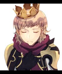 Rule 34 | 1boy, armor, black gloves, blonde hair, closed eyes, closed mouth, commentary request, crown, facing viewer, fire emblem, fire emblem fates, gloves, hand on own chest, kanasiinezimakineko, male focus, nintendo, partial commentary, pauldrons, portrait, purple scarf, scarf, shoulder armor, siegbert (fire emblem), simple background, solo, swept bangs, white background
