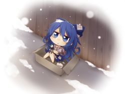 Rule 34 | 1girl, :&lt;, barefoot, blue bow, blue eyes, blue hair, blue skirt, blush, bow, bowl, box, brown hoodie, cardboard box, day, hair between eyes, hair bow, hemogurobin a1c, hood, hood down, hoodie, in box, in container, looking away, looking up, outdoors, parted lips, pleated skirt, sitting, skirt, snow, snowing, solo, touhou, triangle mouth, water, yorigami shion