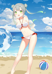 Rule 34 | 1girl, :d, arms behind back, azur lane, ball, barefoot, beach, beachball, bikini, blush, breasts, cloud, covered erect nipples, day, double bun, fang, glowworm (azur lane), green eyes, green hair, hair bun, innertube, leaning to the side, linhe de chuangzi, long hair, looking at viewer, medium breasts, ocean, open mouth, outdoors, sky, smile, solo, standing, swim ring, swimsuit, twintails, wind