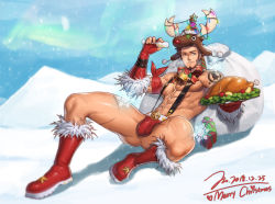 Rule 34 | 1boy, abs, alternate costume, animal hood, bara, beard, blue eyes, blush, brown hair, censored, christmas, cup, drinking glass, facial hair, fate/grand order, fate (series), hood, jin(sirius-j), large pectorals, long sideburns, male focus, manly, muscular, napoleon bonaparte (fate), nipples, pectorals, pouring, pouring onto self, revealing clothes, santa costume, scar, short hair, sideburns, smile, solo, spread legs, thighs