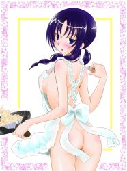 Rule 34 | 1girl, :d, abstract background, apron, ass, blue eyes, blue hair, blush, bow, butt crack, food, frying pan, looking at viewer, looking back, naked apron, open mouth, seitokai yakuindomo, smile, solo, standing, tachibana hiroki, uomi, white apron, white bow