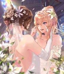 Rule 34 | 2girls, alternate costume, alternate hairstyle, backless dress, backless outfit, blonde hair, blue eyes, blurry, blurry foreground, bridal veil, bride, brown hair, choker, church, detached sleeves, dress, elbow gloves, female focus, flower, genshin impact, gloves, hair between eyes, hair bun, hair flower, hair ornament, hair up, hand on another&#039;s cheek, hand on another&#039;s face, happy, highres, jean (genshin impact), jewelry, lily (flower), lisa (genshin impact), long hair, multiple girls, one eye closed, open mouth, ornate ring, ponytail, ring, see-through, see-through sleeves, single hair bun, stained glass, tears, veil, wedding, wedding dress, wedding ring, white choker, white dress, white gloves, wife and wife, wiping tears, yuri, zorachu3