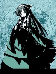 Rule 34 | 00s, 1girl, brown hair, covering face, covering own mouth, covering privates, dress, heterochromia, long hair, rozen maiden, solo, suiseiseki