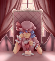 Rule 34 | 1girl, arm support, bat wings, blue hair, cake, chair, cup, curtains, food, fork, hat, mefomefo, mob cap, red eyes, remilia scarlet, short hair, smile, teacup, touhou, window, wings, wrist cuffs