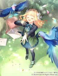 Rule 34 | 1girl, :d, ankle boots, aqua bow, aqua bowtie, aqua nails, aqua skirt, bag, bird, black jacket, black thighhighs, blazer, blonde hair, blue bird, blunt bangs, boots, bow, bowtie, bush, cardfight!! vanguard, closed eyes, collared shirt, copyright notice, cropped jacket, earrings, falling petals, flower, flower earrings, full body, grass, green footwear, green vest, hair flower, hair intakes, hair ornament, hand on own chest, jacket, jewelry, lapels, light particles, lily (flower), long hair, long sleeves, music, notched lapels, official art, open mouth, ori simo, outstretched arm, petals, pleated skirt, school uniform, sheet music, shirt, singing, skirt, smile, solo, standing, teeth, thighhighs, tree, upper teeth only, vest, wavy hair, white flower, white lily, white shirt