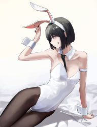 Rule 34 | 1girl, absurdres, animal ears, arm support, bare shoulders, black hair, black nails, black necktie, black pantyhose, bob cut, breasts, brown eyes, cleavage, closed mouth, commentary, detached collar, facial mark, fake animal ears, hairband, highres, leaning to the side, leotard, mac star, medium breasts, nail polish, necktie, original, pantyhose, playboy bunny, profile, rabbit ears, short hair, simple background, solo, star (symbol), star facial mark, strapless, strapless leotard, white hairband, wrist cuffs