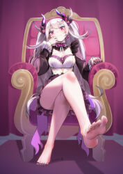 Rule 34 | 1girl, artist name, bare legs, barefoot, breasts, cleavage, closed mouth, crossed legs, dress, earrings, eyelashes, feet, foreshortening, frilled dress, frills, full body, grey hair, hair ornament, hands up, highres, horns, indie virtual youtuber, jewelry, large breasts, legs, long hair, looking at viewer, nail polish, pointy ears, puffy sleeves, purple background, purple eyes, purple nails, rhodeia (vtuber), shadow, short eyebrows, sitting, smile, soles, solo, toenail polish, toenails, toes, very long hair, virtual youtuber, yamauchi (conan-comy)