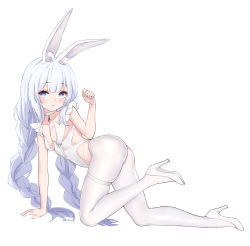 Rule 34 | 1girl, absurdres, animal ear fluff, animal ears, ass, azur lane, between breasts, braid, breasts, choker, frilled sleeves, frills, full body, hair between eyes, hand up, high heels, highres, kneeling, le malin (azur lane), le malin (listless lapin) (azur lane), leotard, light purple hair, long hair, looking at viewer, moonct, official alternate costume, open mouth, purple eyes, rabbit ears, sidelocks, simple background, small breasts, solo, symbol-shaped pupils, thigh strap, thighs, twintails, white background, white choker, white footwear, white legwear, white leotard