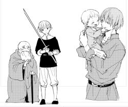 Rule 34 | 2boys, age progression, alternate universe, cane, closed eyes, elf, father and son, happy, himmel (sousou no frieren), holding, holding another&#039;s head, holding baby, holding cane, holding sword, holding weapon, if they mated, mikki (asmp), multiple boys, old, old man, pointy ears, smile, sousou no frieren, sword, weapon