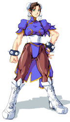 Rule 34 | 1girl, boots, breasts, brown eyes, brown hair, capcom, chun-li, female focus, full body, green eyes, leotard, muscular, pantyhose, qkat (arikawa-dou), shirt, simple background, solo, street fighter, taut clothes, taut shirt, white background