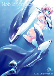 Rule 34 | 1girl, ass, bikini, blue background, breasts, cleavage, dated, elbow gloves, from below, gloves, green eyes, light smile, looking at viewer, mecha, mecha musume, mermaid, monster girl, no nose, orca, original, pink hair, robot, rohgun, short hair, signature, small breasts, solo, swimsuit, underwater