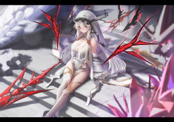 Rule 34 | 1girl, absurdres, bare shoulders, breasts, clothing cutout, crystal, detached sleeves, dress, highres, horns, large breasts, letterboxed, long hair, long sleeves, looking at viewer, nishibi mitsuba, original, pelvic curtain, polearm, red eyes, side cutout, sitting, solo, spear, thighhighs, thighs, veil, very long hair, weapon, white dress, white hair, white thighhighs, wide sleeves, wings, witch