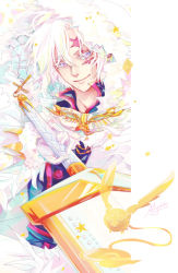Rule 34 | 1boy, allen walker, black jacket, closed mouth, coat, d.gray-man, facial mark, hair between eyes, holding, holding sword, holding weapon, hood, hood up, hooded coat, jacket, looking at viewer, male focus, miyukiko, pink eyes, silver hair, smile, solo, sword, timcanpy, upper body, weapon, white coat