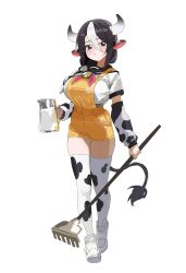 Rule 34 | 1girl, absurdres, animal ears, animal print, arm warmers, bell, black hair, black sailor collar, blush, braid, breasts, closed mouth, cow ears, cow girl, cow horns, cow print, cow tail, cowbell, full body, highres, holding, horns, large breasts, milk, mole, mole under eye, multicolored hair, original, overall shorts, overalls, purple eyes, sailor collar, setakman, shoes, simple background, single braid, solo, standing, tail, thighhighs, white background, white footwear, white hair
