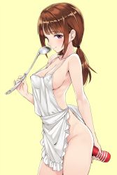 Rule 34 | 1girl, apron, artificial vagina, bare shoulders, blunt bangs, blush, bottomless, breasts, brown hair, cleavage, closed mouth, contrapposto, covered erect nipples, cowboy shot, frilled apron, frills, from side, green background, groin, hair tie, holding, ladle, long hair, looking at viewer, low ponytail, low twintails, matsuryuu, medium breasts, naked apron, orange hair, original, pinky out, purple eyes, sasaki shiori, sex toy, sideboob, simple background, smile, solo, standing, strap gap, tareme, tenga, twintails, white apron, yellow background
