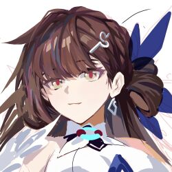 Rule 34 | 1girl, ashi (dongshi389), blue bow, bow, brown eyes, brown hair, closed mouth, earrings, hair bow, hair ornament, hair rings, highres, honkai (series), honkai impact 3rd, jewelry, li sushang, long hair, looking at viewer, portrait, smile, solo, twintails, unfinished, very long hair