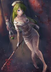 Rule 34 | 2girls, ahoge, alternate costume, blood, blunt bangs, braid, breasts, brown hair, cleavage, dated, dutch angle, gloves, green hair, hair down, halloween, high heels, highres, holding industrial pipe, kamo mayor, kantai collection, long hair, looking at viewer, mary janes, medium breasts, messy hair, mole, mole under mouth, multiple girls, name tag, nurse, red footwear, shoes, short hair, signature, solo focus, thighhighs, tongue, tongue out, trick or treat, ukuru (kancolle), very long hair, white gloves, white thighhighs, yuugumo (kancolle)