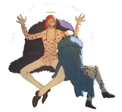 2boys arms_up bad_id bad_twitter_id blonde_hair blue_coat coat coat_on_shoulders crossed_legs dareka_25 donquixote_rocinante feathered_cape feathers full_body halo hat heart heart_print highres hood makeup male_focus multiple_boys notice_lines one_piece pants simple_background sitting smile trafalgar_law twitter_username white_background white_pants