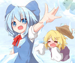 Rule 34 | 2girls, blonde hair, blue dress, blue eyes, blue hair, bow, chibi, cirno, dress, closed eyes, flying, food, frog, frozen, frozen frog, hair bow, ice cream, kisa (k isa), long sleeves, moriya suwako, multiple girls, open mouth, outstretched arms, oversized clothes, shirt, skirt, skirt set, sleeves past wrists, spread arms, tears, touhou, vest, wavy mouth, wings