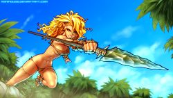 Rule 34 | 1girl, abs, absurdres, arm warmers, armlet, attack, barefoot, blonde hair, blue sky, breasts, cave elf (ronindude), cleavage, day, elf, foreshortening, highres, holding, holding weapon, leg warmers, long hair, medium breasts, nose, original, pointy ears, polearm, ronindude, running, single strap, sky, solo, spear, teeth, tribal, watermark, weapon, web address, yellow eyes