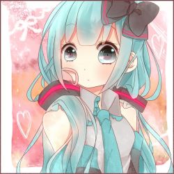 Rule 34 | 1girl, alternate hairstyle, aqua eyes, aqua hair, bad id, bad pixiv id, blouse, bow, detached sleeves, grey shirt, hair bow, hatsune miku, heart, heart background, looking at viewer, low twintails, necktie, shiki hinako, shirt, sleeveless, sleeveless shirt, solo, twintails, upper body, vocaloid