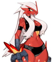 Rule 34 | 1girl, armband, bare shoulders, beak, black armband, black buruma, black choker, black sports bra, blaziken, blue eyes, breasts, buruma, choker, claws, cleavage, colored sclera, colored skin, commentary, creatures (company), english commentary, from side, furry, furry female, game freak, gen 3 pokemon, hair over shoulder, highres, large breasts, long hair, looking to the side, navel, nintendo, pendant choker, pokemon, pokemon (creature), red skin, simple background, solo, sports bra, thighs, upper body, usa37107692, white background, wide hips, yellow sclera